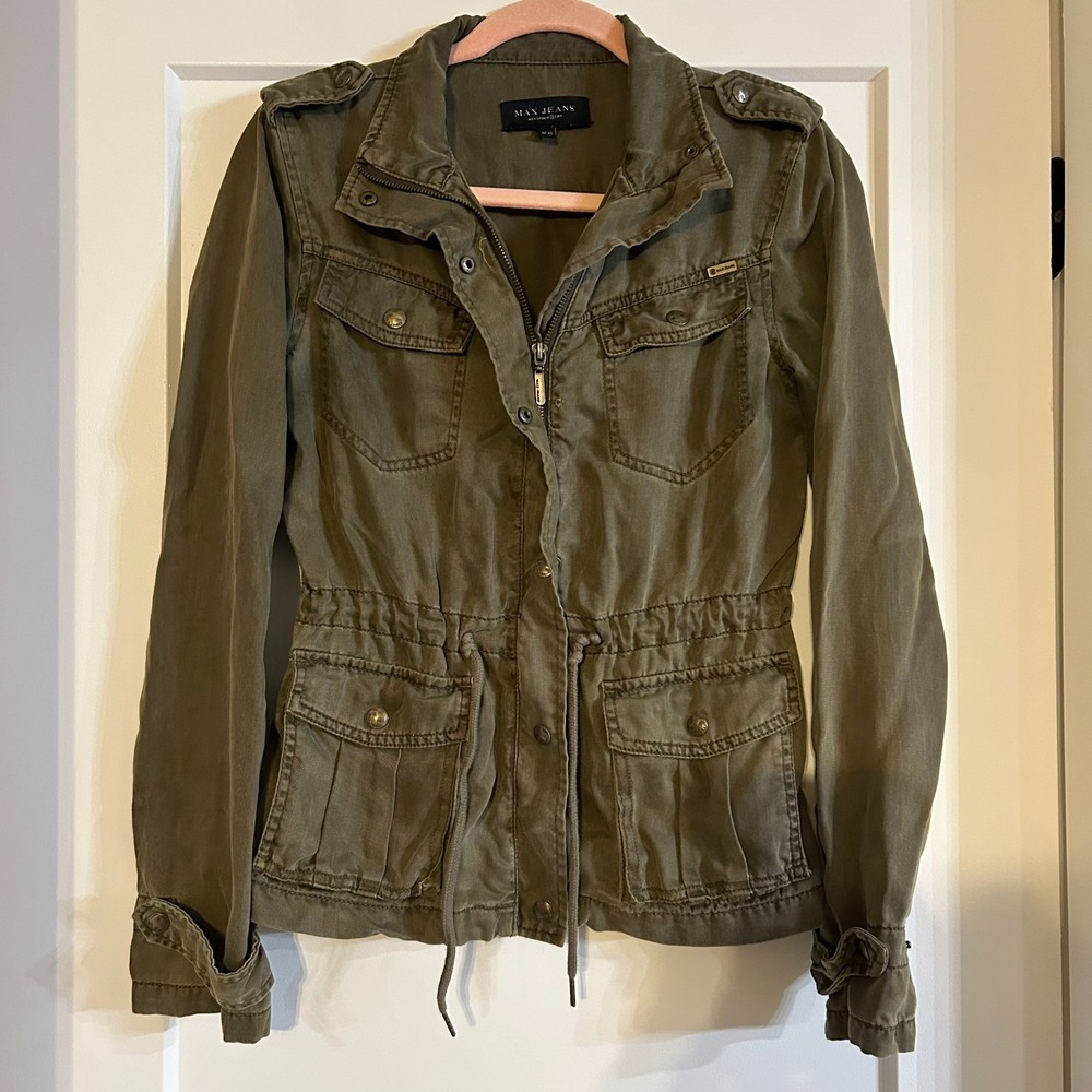 Max Jeans Tencel Army Green Utility Jacket Zip Front Snap Closure Grunge XS